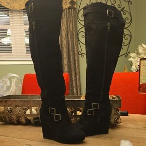 JustFab Black Over the Knee Wedge Boots